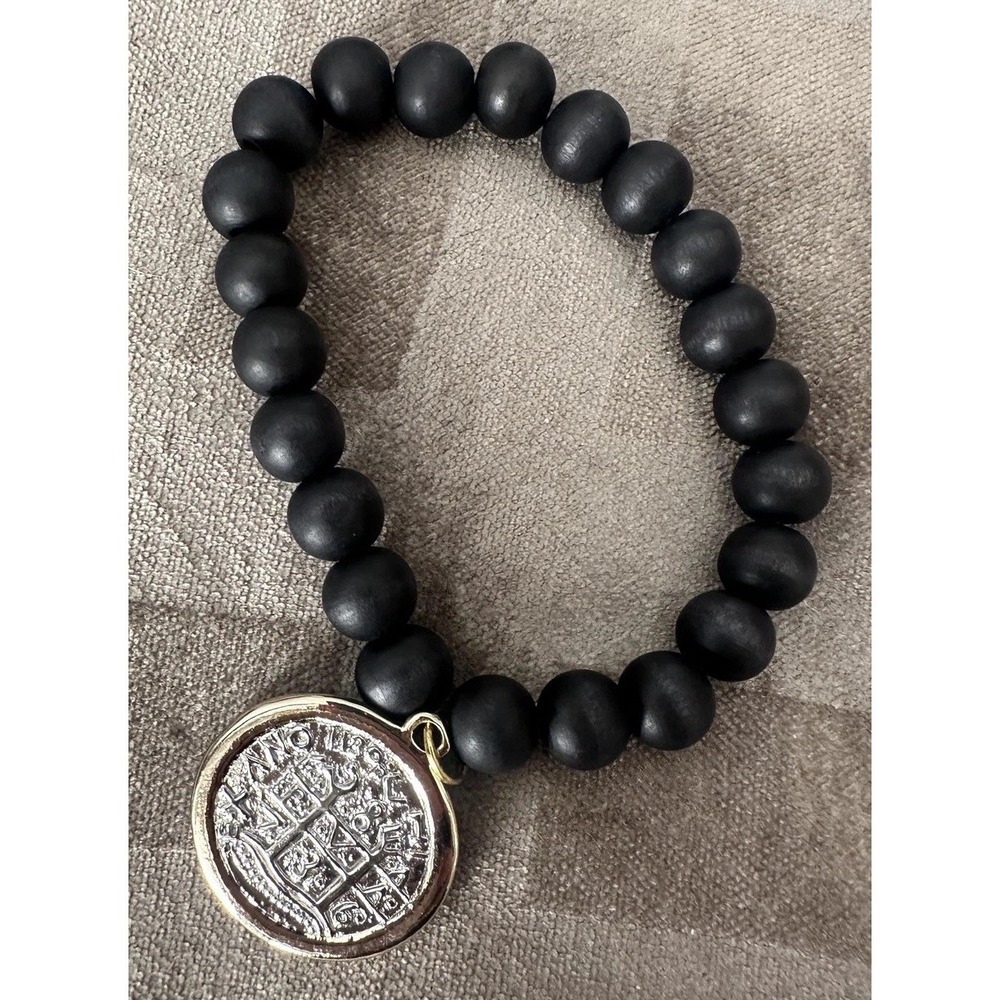 Black Beaded Stretch Bracelet Coin‎ Medallion Charm Unisex Costume Jewelry Boho